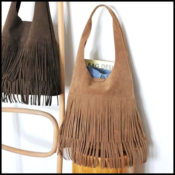 Faux Suede Hobo Bag Fringe Shoulder Handbag Boho Chic Slouchy Tote - Picture 3 of 7